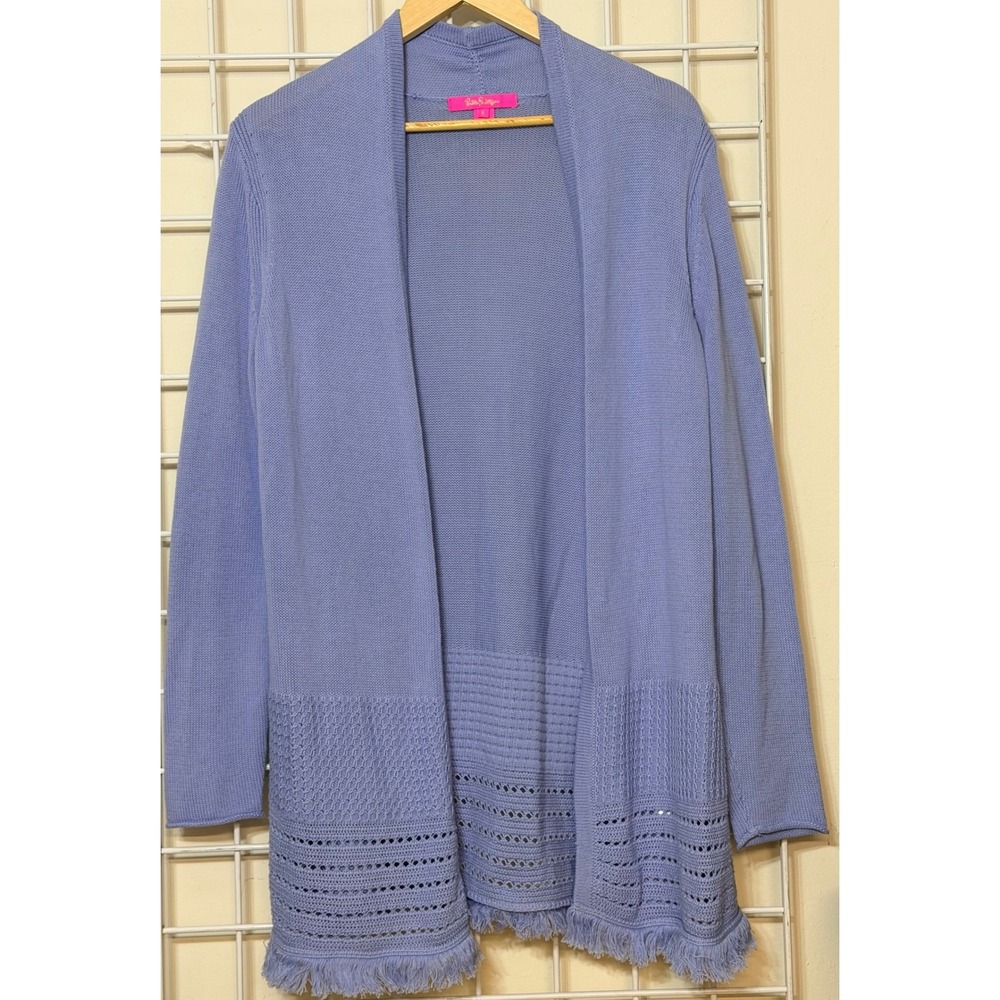 Lilly Pulitzer Womens Periwinkle Blue Cotton Pointelle Fringe Cardigan‎ Large